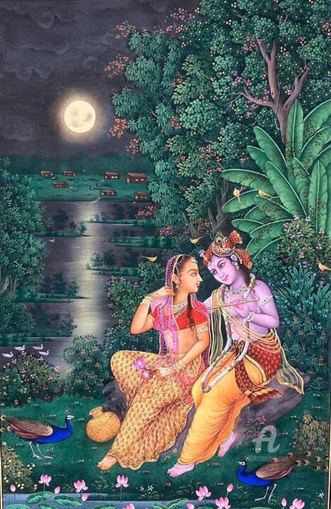 Painting titled "Radha & Krishna's s…" by Krishnasarang India, Original Artwork, Watercolor