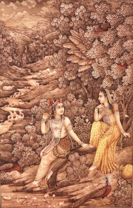 Painting titled "A tale of divine lo…" by Krishnasarang India, Original Artwork, Watercolor