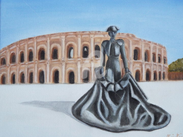 Painting titled "Arène de Nimes" by Kristaine, Original Artwork, Oil Mounted on Wood Stretcher frame