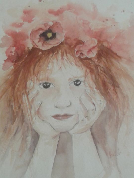 Painting titled "pensive" by Kristel Wancquet, Original Artwork, Watercolor