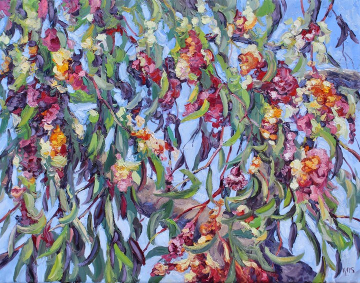 Painting titled "Gum Tree Blosssoms" by Kristen Olson Stone, Original Artwork, Oil