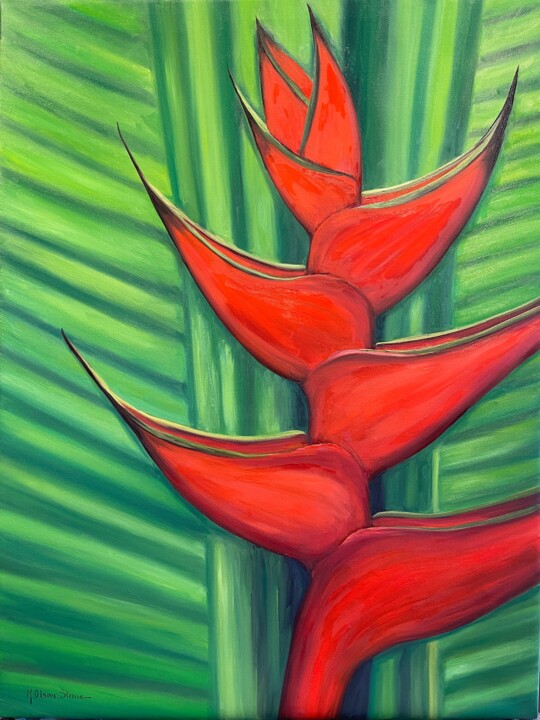 Painting titled "Red Heliconia Flower" by Kristen Olson Stone, Original Artwork, Oil