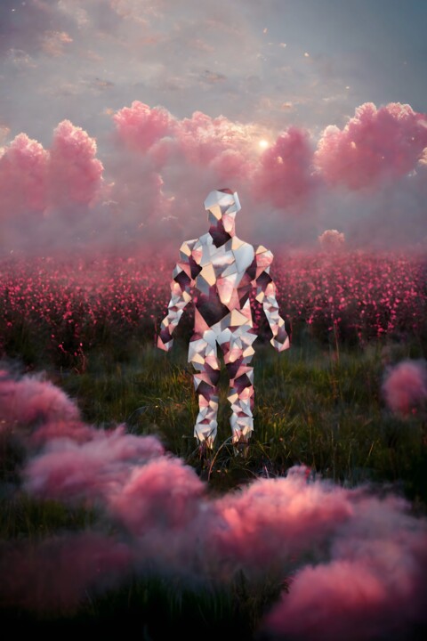 Цифровое искусство под названием "Man in a field of p…" - Kristi Bell, Подлинное произведение искусства, Фотомонтаж