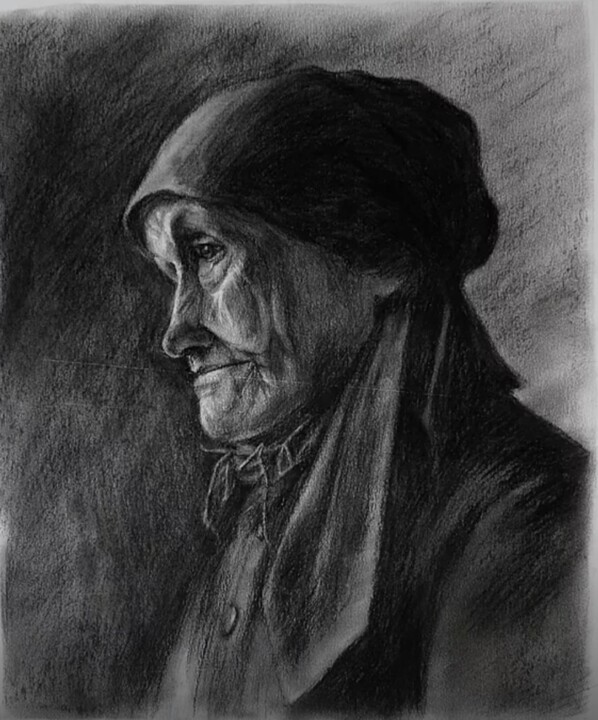 Disegno intitolato "An elderly peasant…" da Kristi Haskol, Opera d'arte originale, Carbone Montato su Altro pannello rigido