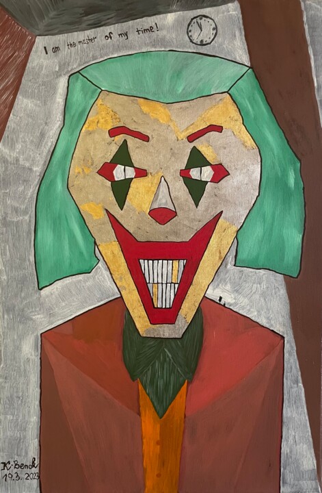 Painting titled "Platino-Gold Joker" by Kristian Benak, Original Artwork, Oil Mounted on Wood Stretcher frame