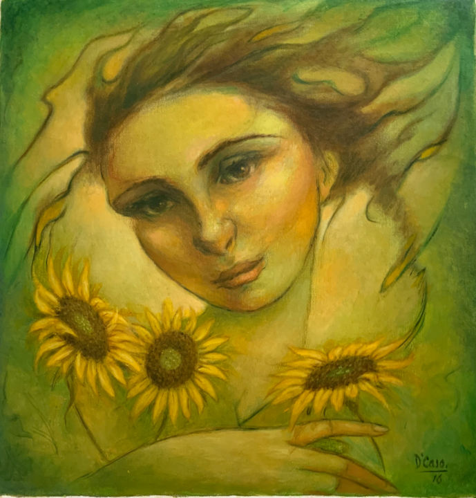 Painting titled "Muchacha con girasol" by Fernando Decaso, Original Artwork, Oil