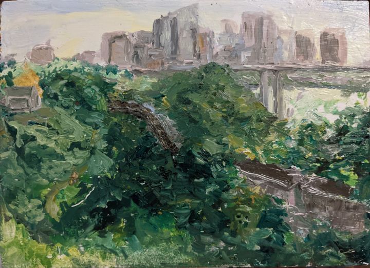 Pittura intitolato "View of Downtown Ri…" da Kristin Golden, Opera d'arte originale, Olio