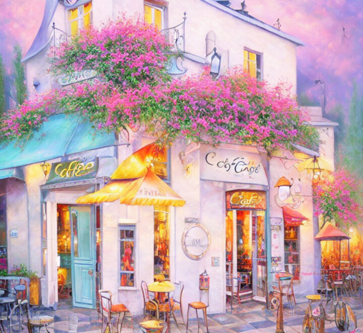 Digital Arts titled "Cafe in Paris" by Kristina Ivanova, Original Artwork, Digital Painting