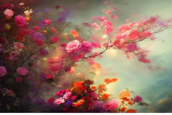 Digital Arts titled "Pink Flowers" by Kristina Ivanova, Original Artwork, Digital Painting