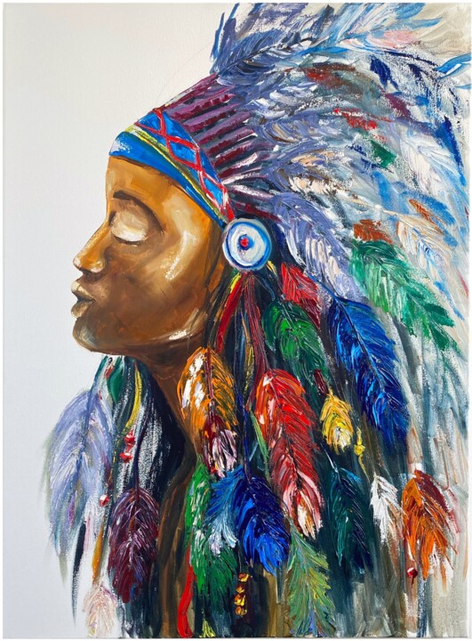 Pintura intitulada "Women Injun" por Kristina Kolesnikova, Obras de arte originais, Óleo Montado em Armação em madeira