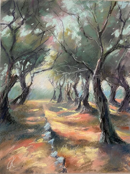 Desenho intitulada "Olive trees / Olivi…" por Kristina Savinova, Obras de arte originais, Pastel