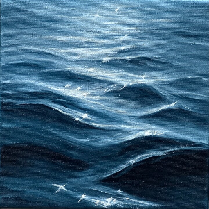 Painting titled "glare on the water" by Kristina Sergeeva, Original Artwork, Oil Mounted on Wood Stretcher frame