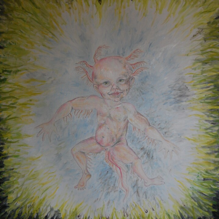 Painting titled "AxolotlBaby" by Kristina Vends, Original Artwork, Oil Mounted on Wood Stretcher frame