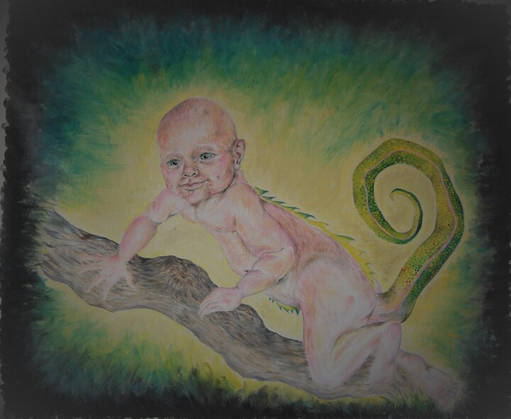 Painting titled "CamelionBaby" by Kristina Vends, Original Artwork, Oil