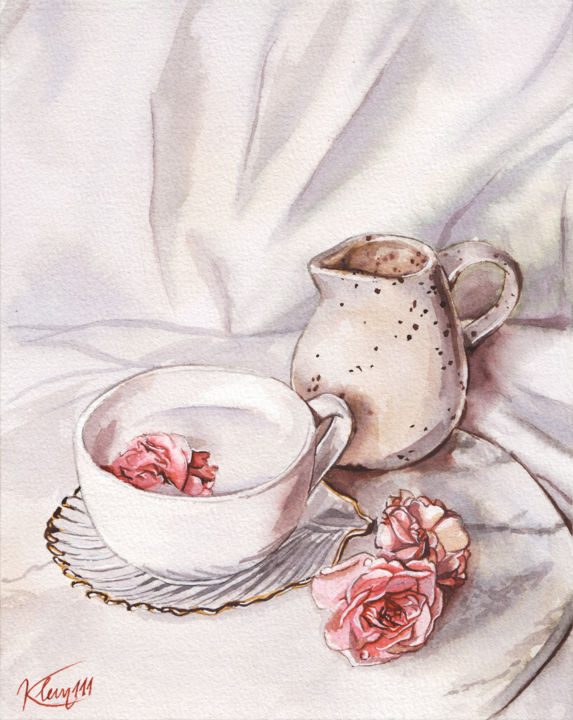 Картина под названием "Молоко и розы" - Кристина Вешкина (Klem111), Подлинное произведение искусства, Акварель