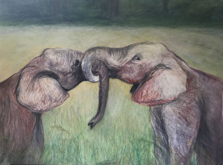 Картина под названием "Elephant Love" - Krirad, Подлинное произведение искусства, Пастель