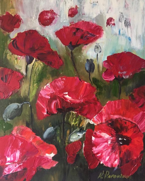 Painting titled "Red Poppy Field" by Kristine Rapohina, Original Artwork, Oil
