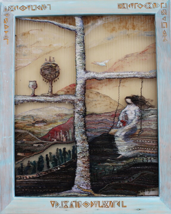 Textilkunst mit dem Titel "Swing life" von Kristyna Hukasian, Original-Kunstwerk, Tapisserie Auf Keilrahmen aus Holz montiert