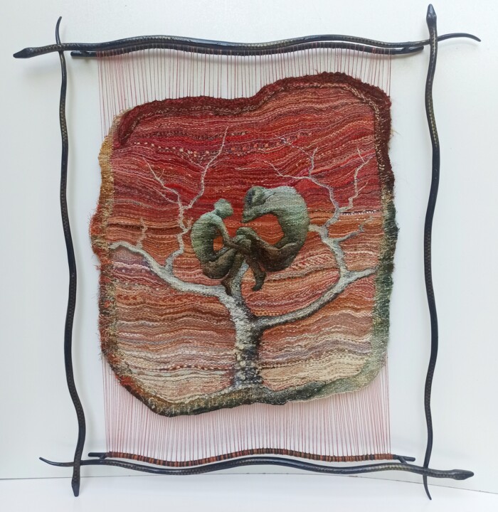 Textile Art titled "Adam and Eva" by Kristyna Hukasian, Original Artwork, Tapestry Mounted on Metal