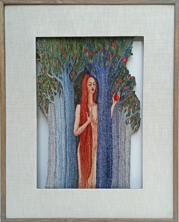 Textilkunst mit dem Titel "Эва" von Kristyna Hukasian, Original-Kunstwerk, Tapisserie Auf Keilrahmen aus Holz montiert