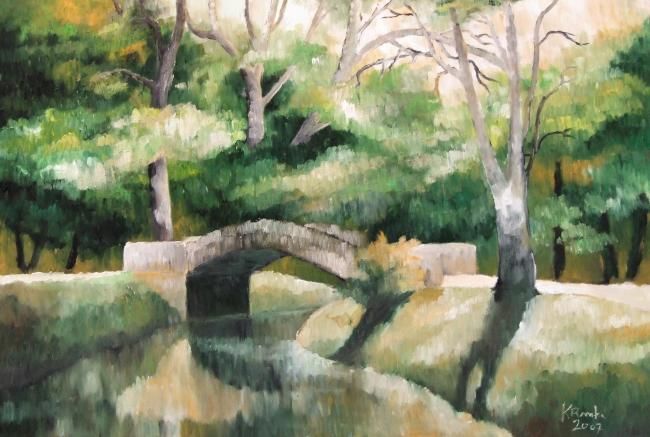Pittura intitolato "petit pont au jardi…" da Kromka, Opera d'arte originale