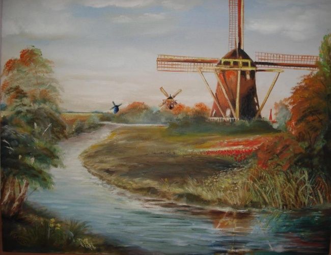 Painting titled "Windmills in Holland" by Mizsei F Krug, Original Artwork