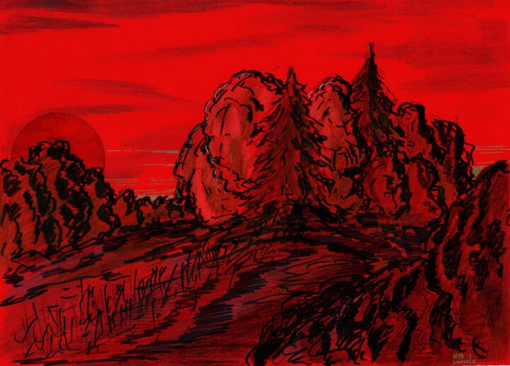 Pittura intitolato "Autumn. Red sunset" da Krughoff, Opera d'arte originale, Matita
