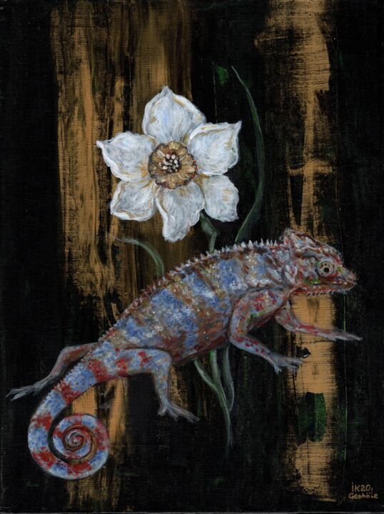 Schilderij getiteld "Chameleon & little…" door Krughoff, Origineel Kunstwerk, Acryl