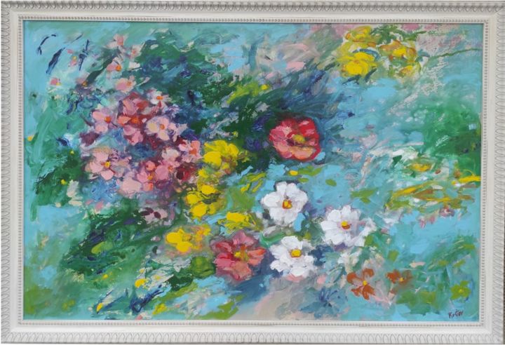 Painting titled "Flowers" by Krum Kostov, Original Artwork, Oil Mounted on Wood Stretcher frame