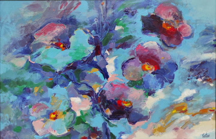 Painting titled "Violets" by Krum Kostov, Original Artwork, Acrylic Mounted on Wood Stretcher frame