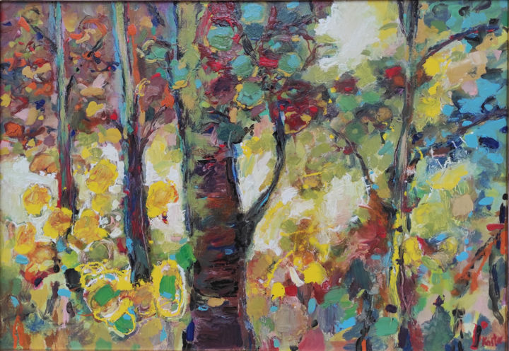 Painting titled "Forest" by Krum Kostov, Original Artwork, Acrylic Mounted on Wood Stretcher frame