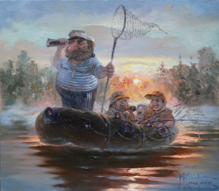 Malerei mit dem Titel ""Рыбаки"" von Dmitry Krutous, Original-Kunstwerk, Öl Auf Keilrahmen aus Holz montiert