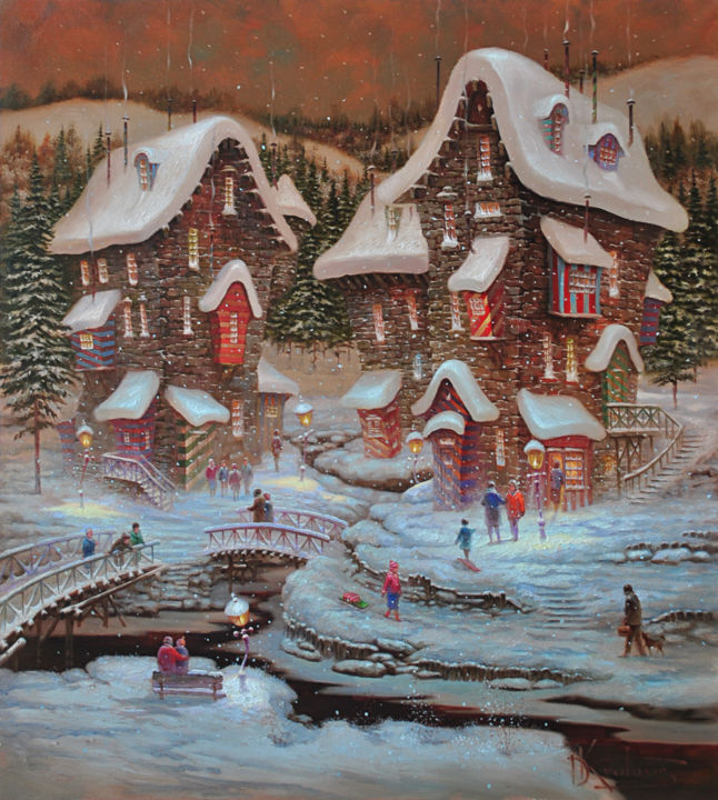 Painting titled ""Полосатая зима"" by Dmitry Krutous, Original Artwork, Oil Mounted on Wood Stretcher frame