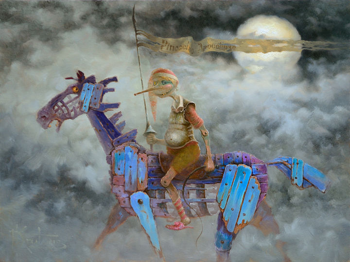 Malerei mit dem Titel ""Пиноккио Апокалипс…" von Dmitry Krutous, Original-Kunstwerk, Öl Auf artwork_cat. montiert