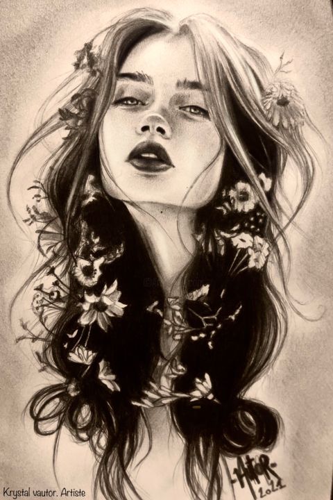 Desenho intitulada "Floral" por Krystal Vautor, Obras de arte originais, Lápis