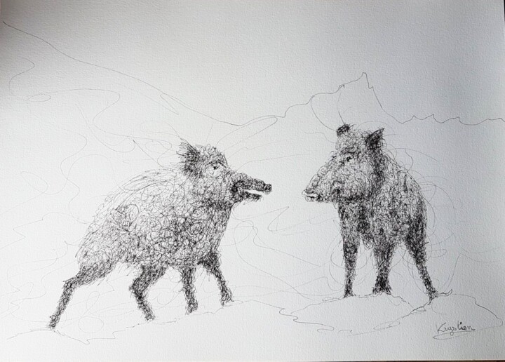 Dibujo titulada "boars" por Krystian, Obra de arte original, Tinta