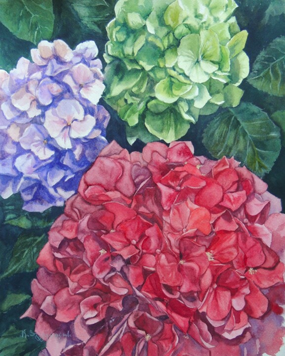 Malerei mit dem Titel "The colourful trio" von Krystyna Szczepanowski, Original-Kunstwerk, Aquarell