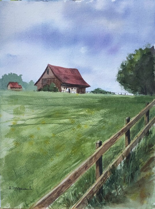 Schilderij getiteld "The farm on the isl…" door Krystyna Szczepanowski, Origineel Kunstwerk, Aquarel