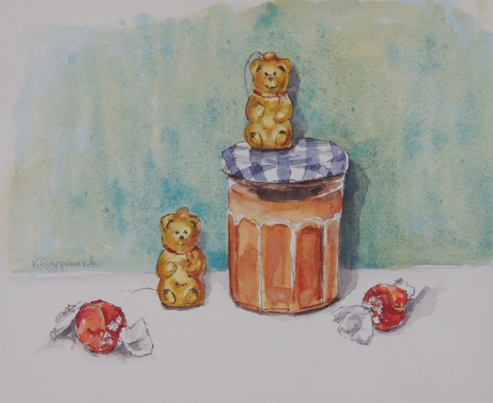 Painting titled "Homemade quince jam" by Krystyna Szczepanowski, Original Artwork, Watercolor