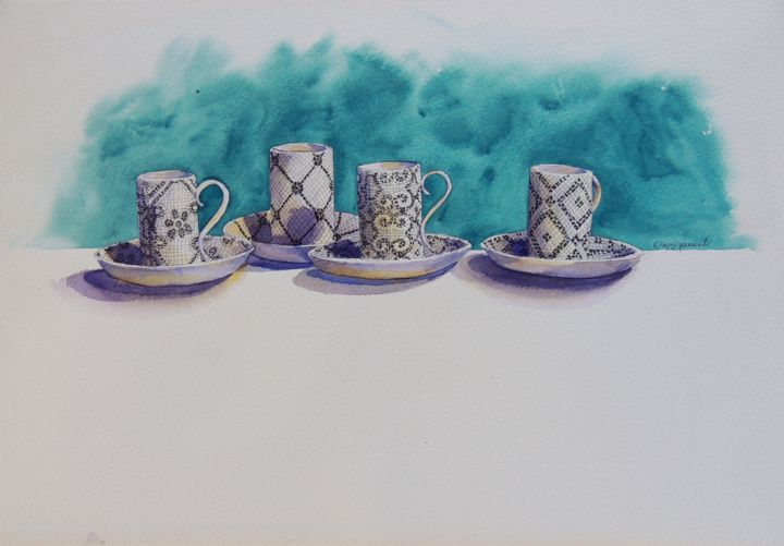 Картина под названием "Portuguese coffee c…" - Krystyna Szczepanowski, Подлинное произведение искусства, Акварель