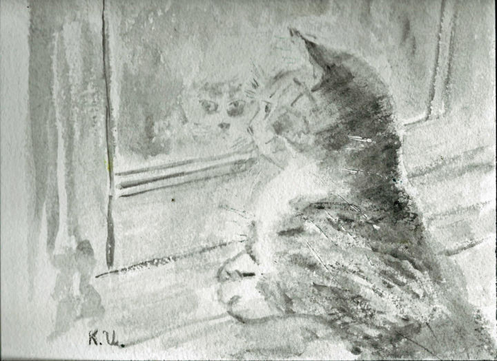 Peinture intitulée "Petit chat à la fen…" par Umiastowska Krystyna, Œuvre d'art originale, Aquarelle