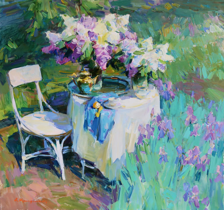 Malarstwo zatytułowany „Irises and Lilacs” autorstwa Aleksander Kryushyn, Oryginalna praca, Olej Zamontowany na Drewniana ra…