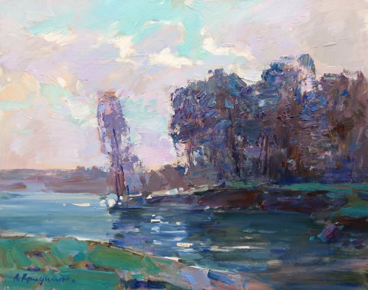 Painting titled "By the River in Spr…" by Aleksander Kryushyn, Original Artwork, Oil