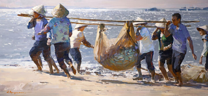 Schilderij getiteld "Chinese Fishermens" door Aleksander Kryushyn, Origineel Kunstwerk, Olie Gemonteerd op Frame voor houten…