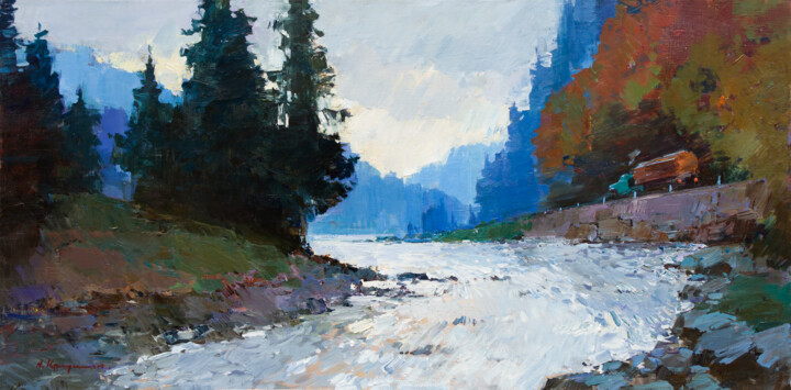 Картина под названием "Mountain river. Car…" - Aleksander Kryushyn, Подлинное произведение искусства, Масло Установлен на Де…