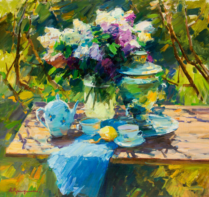 Painting titled "Lilac and the Sprin…" by Aleksander Kryushyn, Original Artwork, Oil Mounted on Wood Stretcher frame