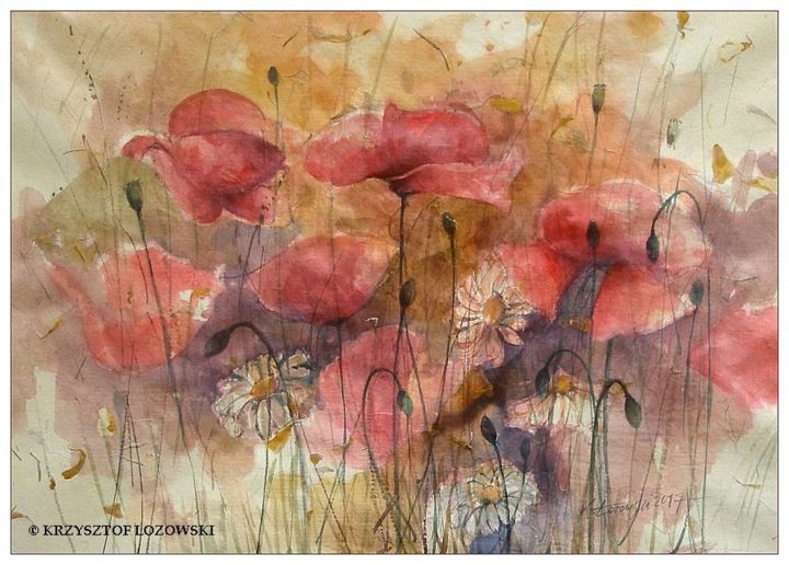 Painting titled "Meadow, Poppies" by Krzysztof Lozowski, Original Artwork, Watercolor