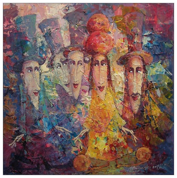 Painting titled "Zalotniki / Suitors" by Krzysztof Lozowski, Original Artwork, Acrylic