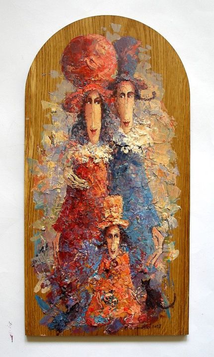 Картина под названием "Rodzinka z kiciorem…" - Krzysztof Lozowski, Подлинное произведение искусства