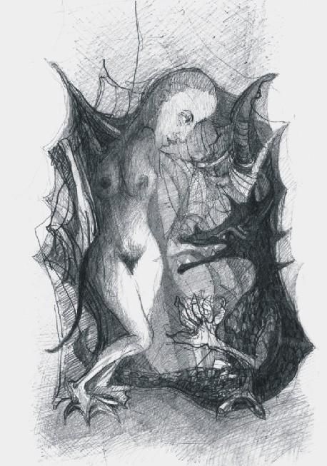 Drawing titled "Smok i dziewica" by Krzysztof Lozowski, Original Artwork